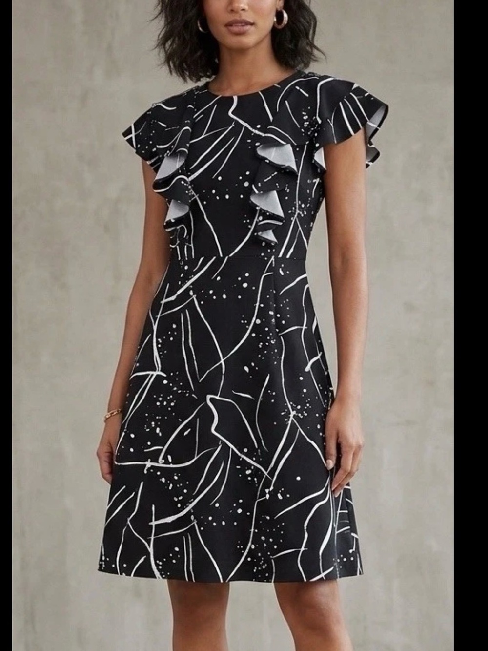 YATHON Dress S Black White Graphic Print Ruffle Sleeve Avant Garde Minimalist